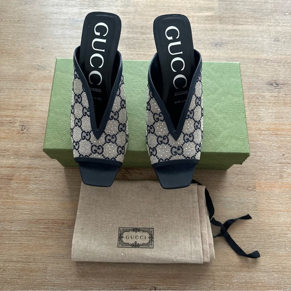 GUCCI Canvas Crystal GG Monogram Square G 95mm Slide Sandals 39.5 Beige Blue - Picture 2 of 8